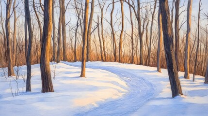 Fototapeta premium Winter path through a sun-drenched forest.