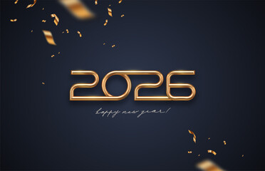 Elegant 2026 Happy New Year. Golden 3D Metallic Tube Typography, Festive Confetti and Streamers on Dark Background Vector Illustration.
