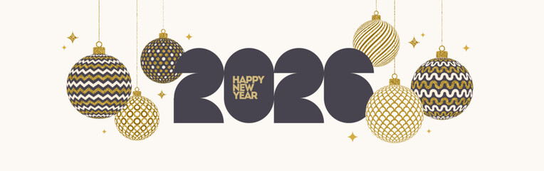 Minimalist 2026 New Year Banner. Modern Geometric Typography and Elegant Golden Glitter Christmas Holiday Ornaments Vector Design.