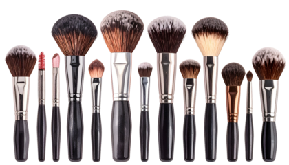 Makeup brushes collection for applying cosmetics on white background.