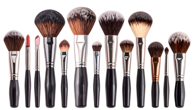 Makeup brushes collection for applying cosmetics on white background.