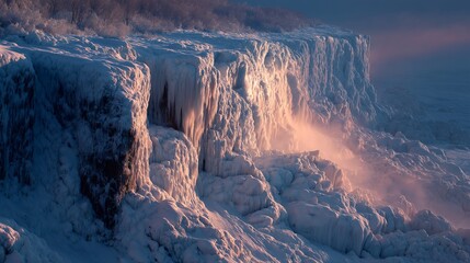 A frozen cliff winter landscape ice formation snowy coast sunrise light frosty texture frozen waterfall icy cliff pink glow cold weather