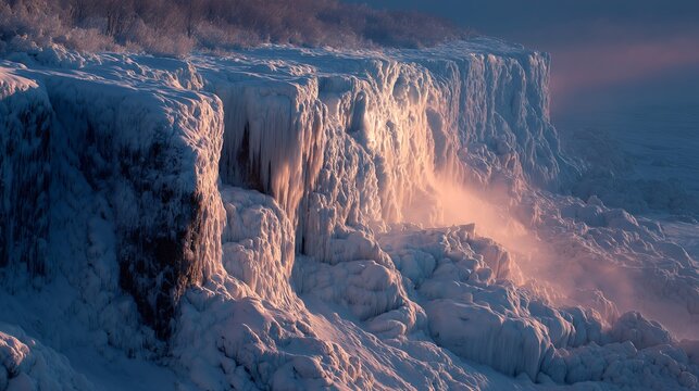 A frozen cliff winter landscape ice formation snowy coast sunrise light frosty texture frozen waterfall icy cliff pink glow cold weather - Powered by Adobe