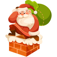 Santa Claus Climbing Down a Chimney with a Green Sack Full of Gifts on a Snowy Rooftop During Christmas Evening