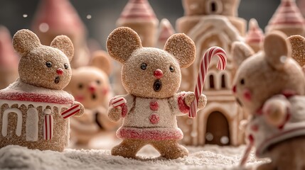 A sugary mouse gingerbread candy cane snow winter holiday christmas cookie icing dessert cute festive sweet toy bakery confection frosting edible fairy tale castle whimsical playful red white powder