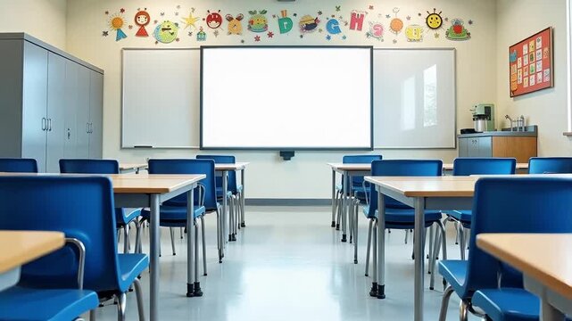 Empty Classroom with Whiteboard and Neatly Arranged Desks
