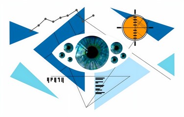 Conceptual illustration of data analysis and strategic vision featuring an eye, graphs, and geometric shapes.