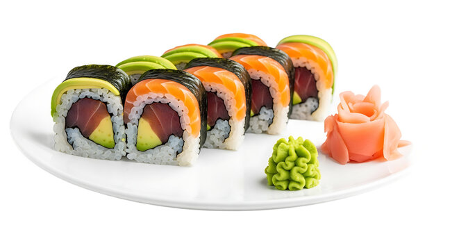 Assorted fresh sushi rolls with salmon, tuna, and avocado, served on a white plate with wasabi and pickled ginger.