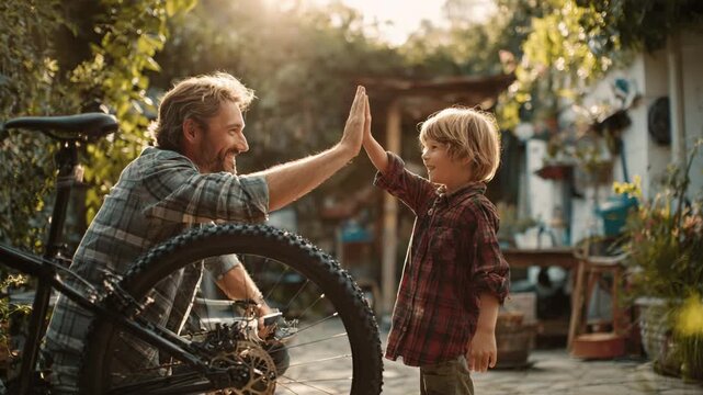 Outdoor moment of connection between child and father high five near bike. Rustic garden, rural background. Teamwork, bonding, family, parenting, outdoor activity. Dad and son time. Happy kid.