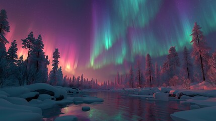 An aurora night winter forest river snow sky colorful landscape northern lights shimmer above frozen river, reflecting vibrant hues across quiet winter forest starry sky, peaceful and magical mood