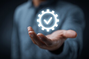 Hand Holding Digital Gear Icon with Checkmark