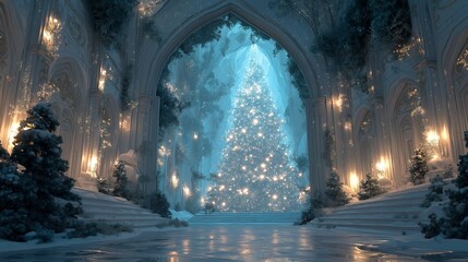 An ethereal palace winter cathedral icy luminous festive christmas tree snow glittering arch grand serene fantasy holiday magical frosty blue ornate sparkling. ethereal palace winter cathedral icy