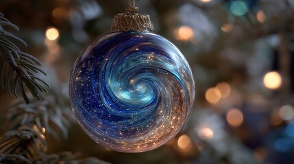 A swirl glass ornament blue galaxy bauble glitter light bokeh pine branch holiday decor festive glow winter tree silver cap delicate craft night sparkle. swirl glass ornament hangs pine branch with