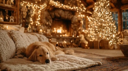 A cozy cabin interior golden retriever christmas tree warm lights fireplace rustic decor holiday season soft blanket glowing candles winter night cozy cabin interior with golden retriever resting by