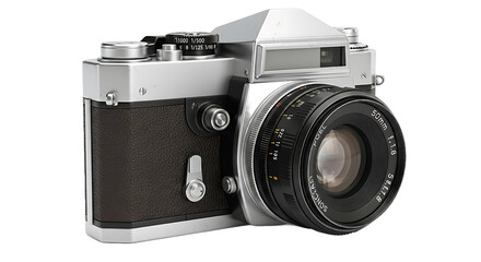 Retro Silver Film Camera with 50mm Lens, Classic Vintage Photography Equipment Isolated on Black