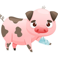 Sad Pink Pig With Brown Spots And Bandaged Leg Isolated On White Transparent Background Vector Illustration