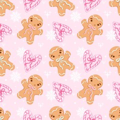 Pink Gingerbread Candy Canes Seamless Pattern - Cute Christmas Cookies Hearts Snowflakes Holiday Digital Paper Background Festive Design