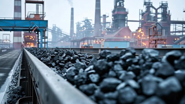 Coal on a freight car. The background features an industrial factory setting on an overcast day. Focus is set on the raw material in transport.