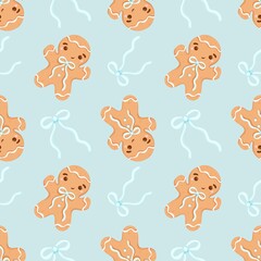Cute Gingerbread Man Seamless Pattern. Pastel Christmas Baking Background.