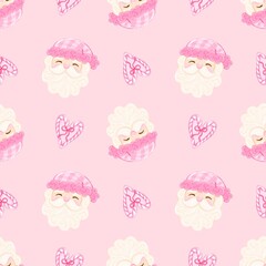 Cute Pink Pastel Christmas Santa and Heart Candy Seamless Pattern