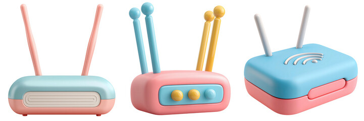 Collection of Three Cute 3d Pastel Colored Wireless Internet Routers