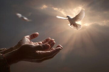 Hands Releasing a Dove Against a Dramatic Sky