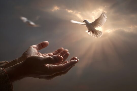 Hands Releasing a Dove Against a Dramatic Sky