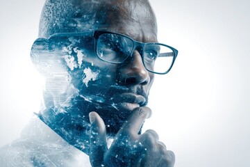 Thoughtful Man with Digital Overlay and Glowing World Map