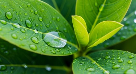 Fresh green leaves glistening with dew offer a stunning natural beauty and represent growth, renewal, and vibrant life for wellness brands