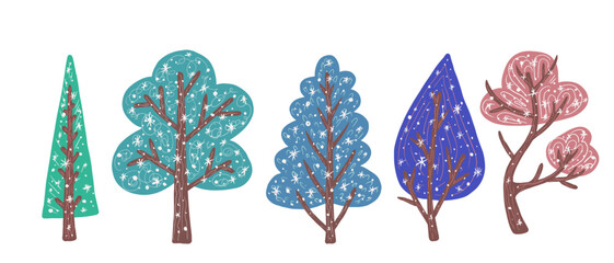 Set of colorful abstract winter trees. Vector graphics.