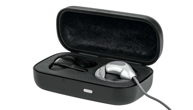 Earphones in a black case ready for listening to music.