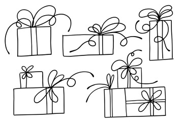 A set of outlines, line sketches of various gifts. Vector graphics.