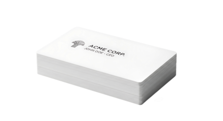 Stack of white business cards for ACME CORP featuring a company logo and CEO name.