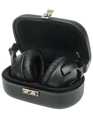 Naklejka premium Black headphones inside a black case with a gold clasp open.
