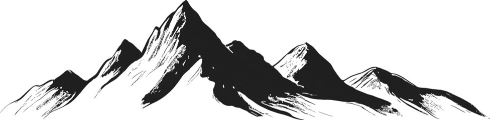 Black and white mountain range illustration, hand-drawn sketch of natural peaks, minimalist landscape design for travel, adventure, and nature art