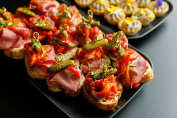 Gourmet canapes with meat, pickles and herbs on dark plate