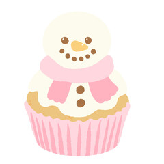 Snowman cupcake illustration pastel coquette Christmas dessert clipart kawaii bakery art hand drawn for cards stickers digital planners and crafts