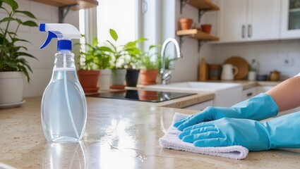 Hands in blue gloves wiping a light stone kitchen countertop with a microfiber cloth. Spray bottle nearby. Bright cozy kitchen, cleaning, home care, and surface maintenance concept