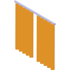 Orange curtains hanging from a white rod against a transparent background in an isometric perspective with soft lighting illuminating the fabric folds
