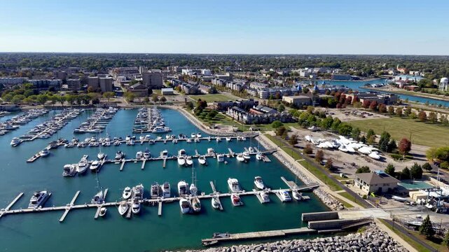 aerial pan over marina in kenosha wisconsin