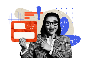 3d sketch poster trend collage image of happy businesswoman show webpage icon sms exclamation mark workload notification