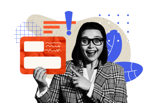 3d sketch poster trend collage image of happy businesswoman show webpage icon sms exclamation mark workload notification