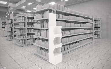 Blank black and white greyscale supermarket FSDU unit  13  side angle 1 view mockup 3d render