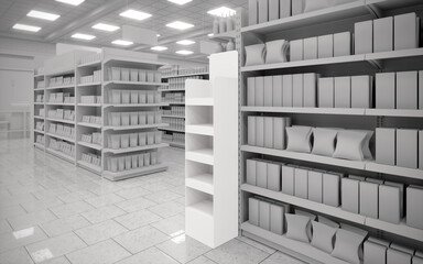 Blank black and white greyscale supermarket FSDU unit 14 side angle 2 view mockup 3d render