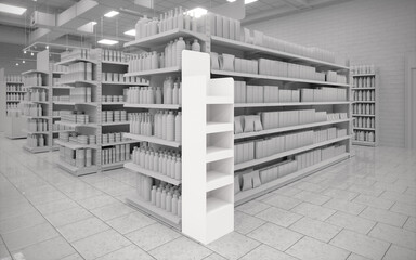 Blank black and white greyscale supermarket FSDU unit 14  side angle 1 view mockup 3d render