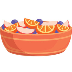 Orange Peach Blueberry Fruit Salad In Orange Bowl With White Background And Simple Illustration