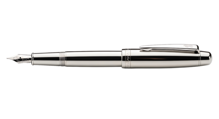 Shiny Metallic Silver Fountain Pen with Detailed Nib Isolated on a Black Background