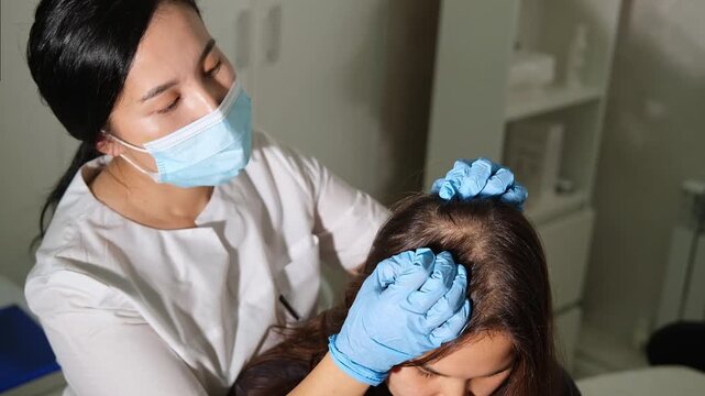 Examination of the scalp and hair by an asian trichologist doctor