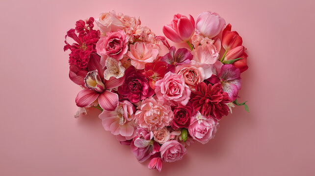 A vibrant heart-shaped collection of various pink flowers adds a romantic touch to any decor Generative AI