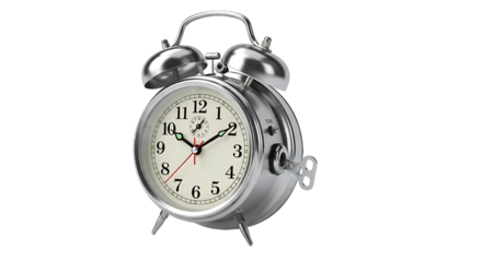 Classic Silver Alarm Clock with Twin Bells and Winding Key, Displaying Time Against a Pure Black Background